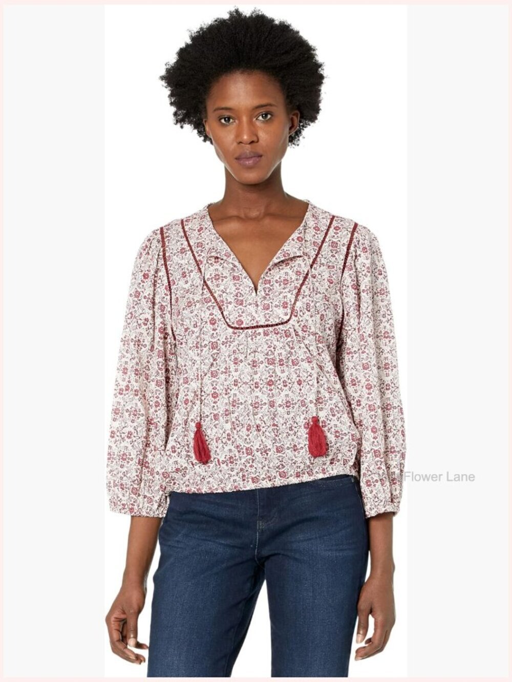 Floral Peasant Top with 3/4 Sleeves, Button Closure, Round Collar